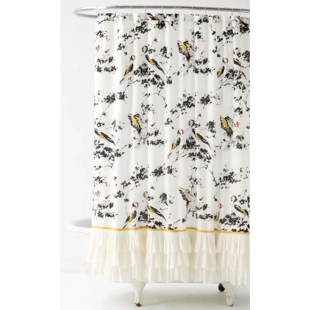 NWT Anthropologie Bird Ruffle Shower Curtain Ivory Black Yellow Botanical NWT